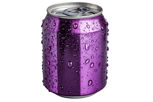 Purple aluminum soda can, water droplets, refreshment, isolated, cut out transparent png