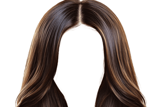 Long brown hair, center parting, highlights and volume ,cut out transparent png
