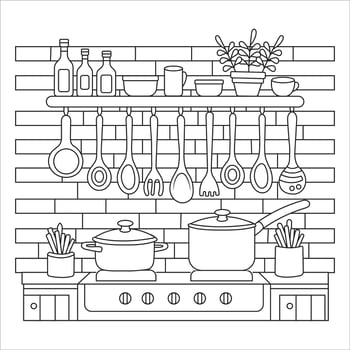 Minimalist Kitchen with Cooking Utensils - Black and White Drawing vector