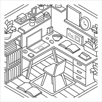 Organized Home Office with Books and Laptop Black and White Illustration vector