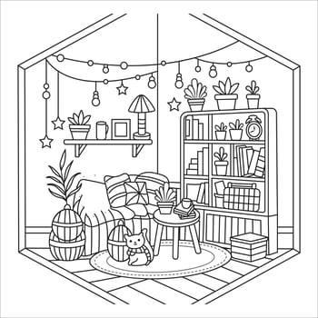 Cozy Reading Nook Inside a Small House - Black and White Illustration vector
