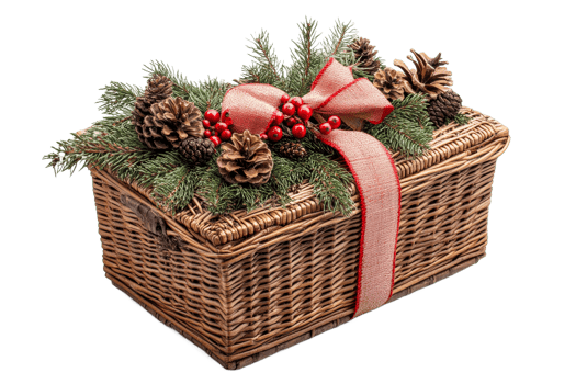 Festive Wicker Basket Adorned with Christmas Decor, cut out transparent png