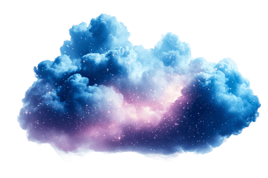 Dreamy cloud with stars in blue and purple tones, cut out transparent png