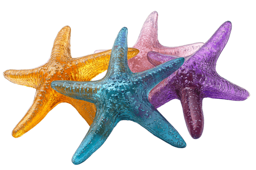 Colorful starfish collection in orange, blue, pink and purple , cut out transparent png