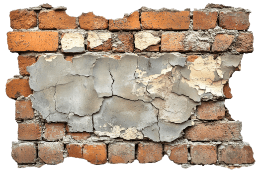 Aged weathered brick wall texture, plaster damage background, cut out transparent png