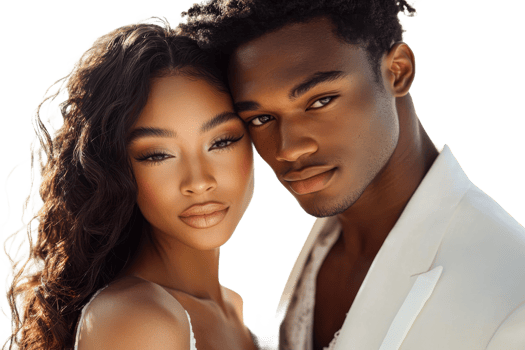 Attractive couple in white embrace, elegant portrait, cut out transparent png