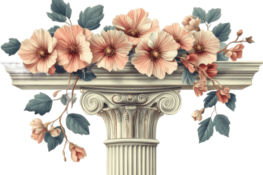 Column adorned with pastel flowers and leaves, cut out transparent png