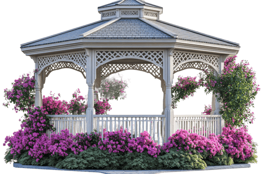 White gazebo with pink flowers, plants, transparent png