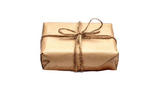 Rustic gift box wrapped in brown paper and tied, cut out transparent png