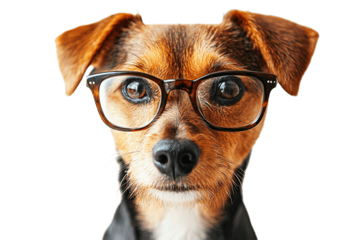 Dog with glasses, cute smart animal, close-up portrait, cut out transparent png
