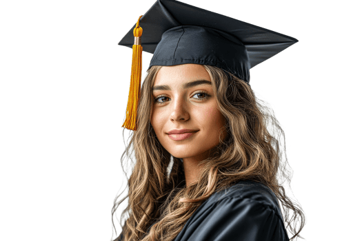 Smiling graduate in cap and gown, higher education achievement, cut out transparent png