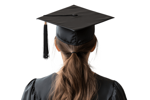 Graduation portrait of woman in gown and cap, back view, cut out transparent png