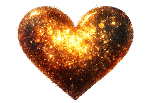 Sparkling golden heart with glitter particles, cut out transparent png
