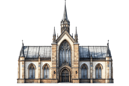 Detailed church facade with gothic spire and stone arch, cut out transparent png