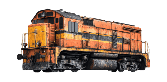Old weathered locomotive train, orange and yellow, isolated, cut out transparent png