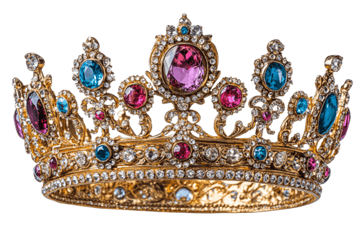 Golden crown with gems, jewelry, royal headdress, cut out transparent png
