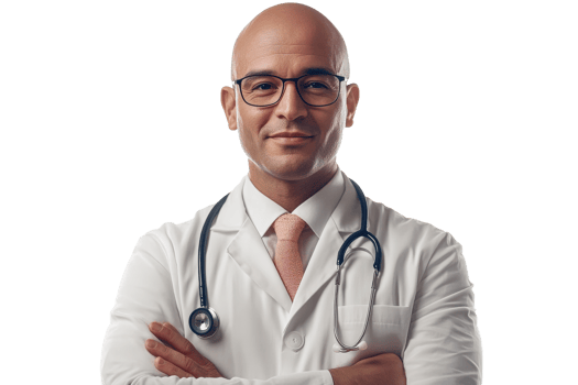 Confident bald doctor posing with stethoscope, cut out transparent png