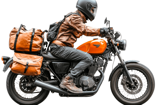 Stylish motorcyclist on orange vintage bike, black background, cut out transparent png