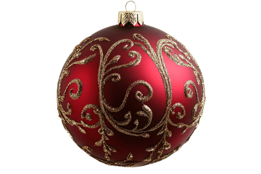 Red Christmas ornament with gold pattern, intricate, delicate, cut out transparent png