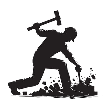 Construction Worker Silhouette Demolishing Rock Heavy Labor Illustration vector