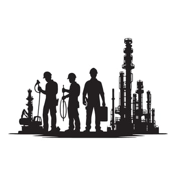 Oil Refinery Workers Silhouette Illustration with Industrial Background vector