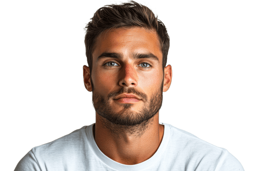 Man portrait, close-up attractive face, intense gaze, cut out transparent png