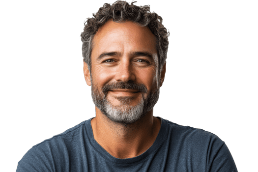 Middle aged man with beard smiling confidently, cut out transparent png