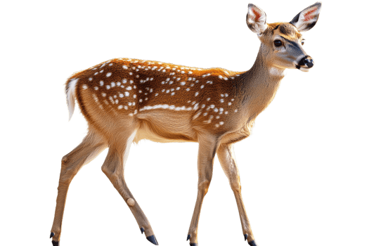 Elegant fawn standing alert with gentle pose, cut out transparent png