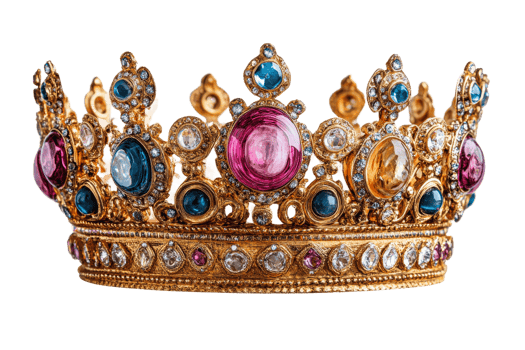 Jeweled gold crown with pink and blue gemstones, cut out transparent png