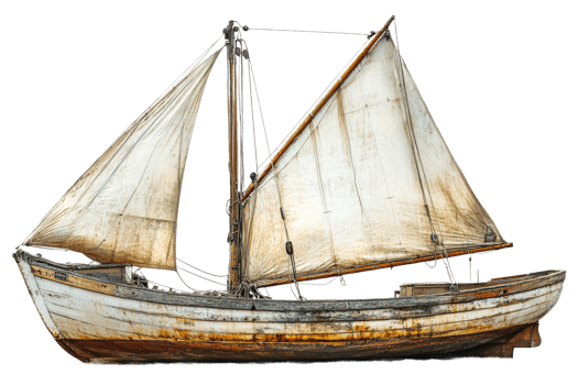 Old sailing boat with sails, weathered hull, rigging, cut out transparent png