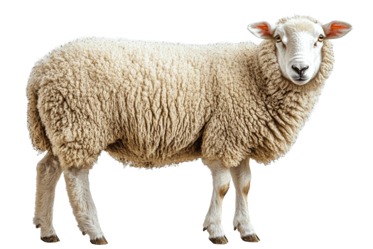 Sheep with fluffy wool, standing portrait, animal, isolated, cutout, transparent png