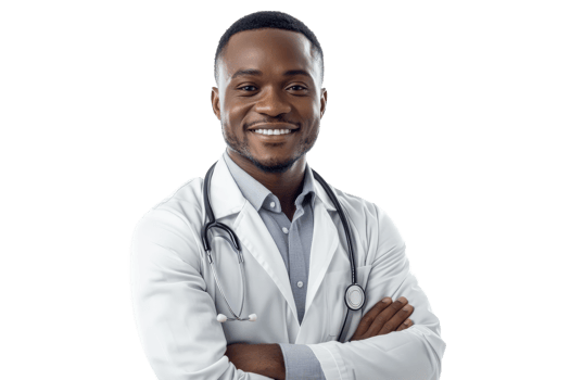 Confident African Doctor Smiling with Arms Crossed, cut out transparent png