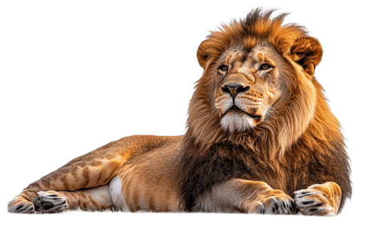 Lion resting on ground, majestic mane, powerful presence, cut out transparent png