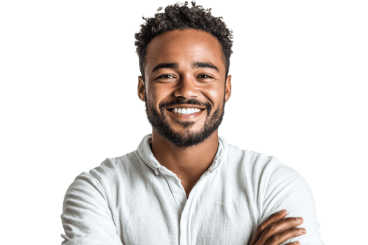 Smiling man with white shirt folded arms standing, cut out transparent png