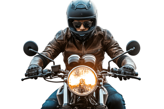 Biker rides motorcycle in helmet and sunglasses, cut out transparent png