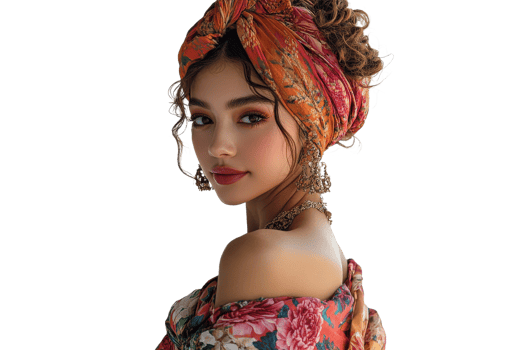 Woman with patterned headscarf, jewelry looking over shoulder, cut out transparent png