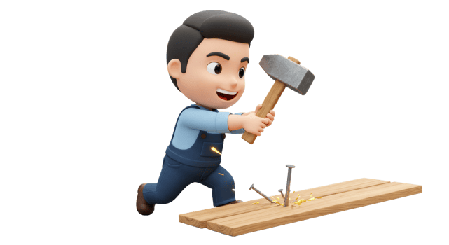 A cartoon man is holding a hammer and working on a wooden plank png