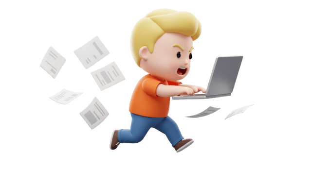 A cartoon boy running with a laptop and papers flying around him png