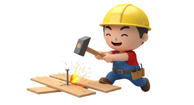 A cartoon construction worker is holding a hammer and cutting wood png