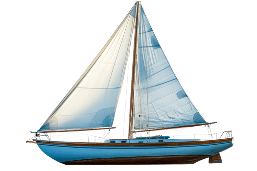 Blue sailboat with white sails gliding on ocean, cut out transparent png