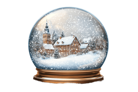 Snow globe with a winter village landscape, cut out transparent png