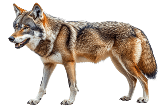 Gray wolf standing tall with intent gaze, cut out transparent png