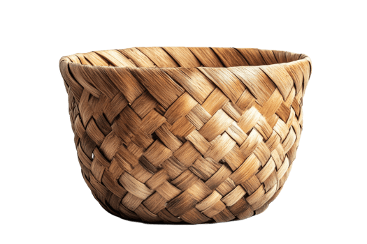Woven wicker basket, empty, isolated, craft container, natural, rustic, cut out transparent png