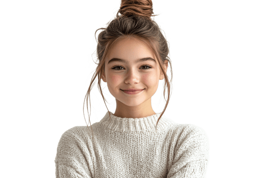 Young girl with brown hair bun smiling, cut out transparent png