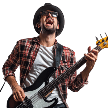 Man performing live music while playing bass guitar and singing on a Transparent background, Man playing bass guitar and singing on white png
