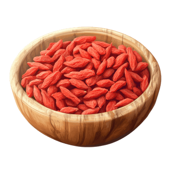 Dried goji berries in a wooden bowl showcasing their vibrant color and texture, dried goji berries in wood bowl transparent png
