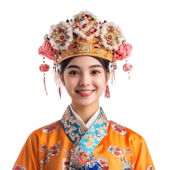Joyful Chinese Woman Wearing Vibrant Traditional Costume and Headdress png