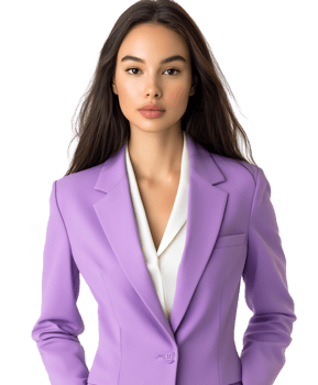 Elegant Young Businesswoman in Stylish Violet Suit Posing Confidently in Office Setting png