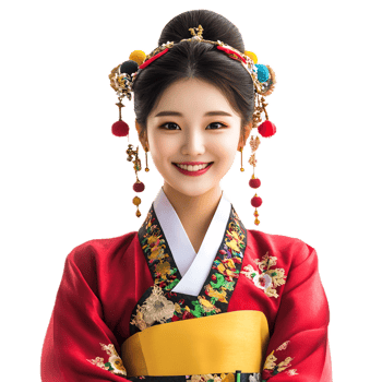 Vibrant Portrait of Joyful Asian Woman Wearing Traditional Korean Hanbok Costume png