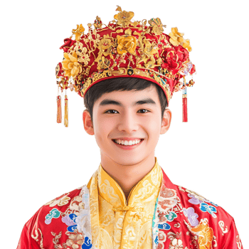 Smiling Young Man Wearing Vibrant Traditional Chinese Imperial Costume and Headpiece png